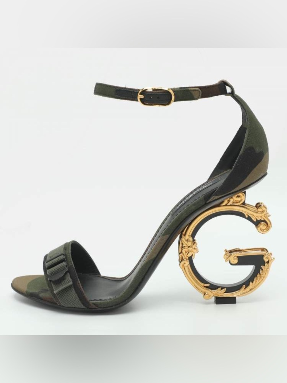 Dolce & Gabbana Keira Camouflage Canvas Gold Baroque DG Heel Sandals 37.5 7.5